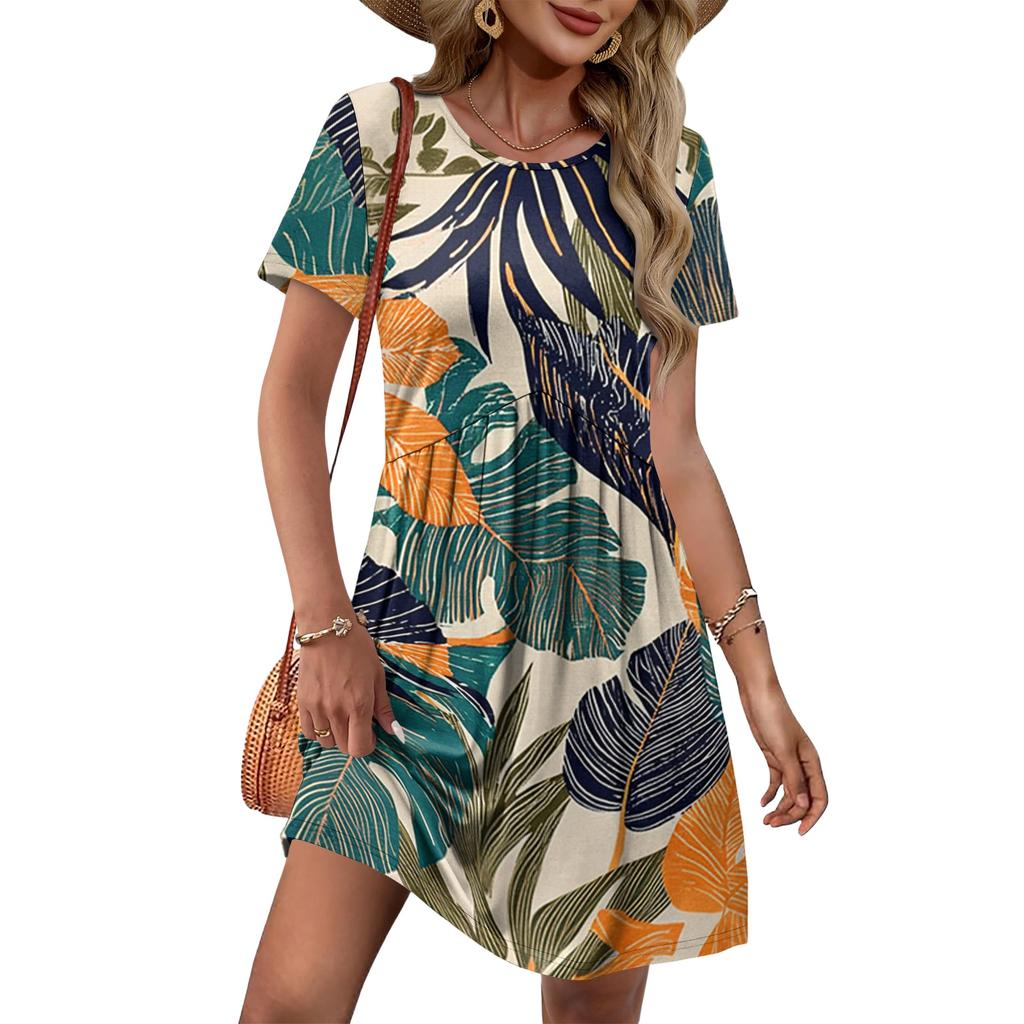 Women Short Sleeve Floral Print Crew Neck Casual Waist Tie Dress with Pockets Lightweight Relaxed Fit Summer Dress