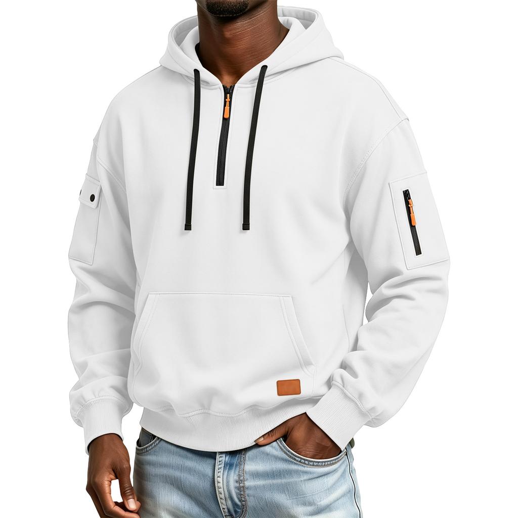 Men's Color Hooded Sweatshirt with Leather Patch and Pockets, Comfortable Casual Everyday Pullover