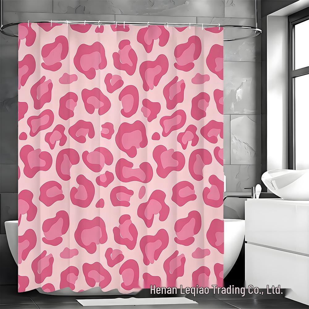 Pink Leopard Shower Curtain Set: Includes Curtain, Non-slip Bath Mat, Toilet Seat Cover, Bathroom Mat, & 12 Hooks.