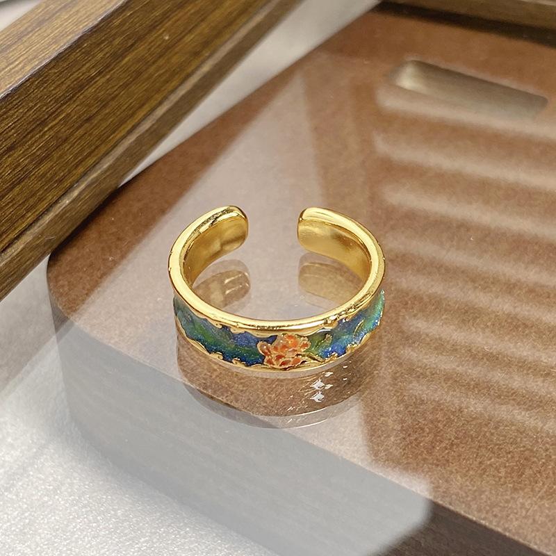 Medieval Vintage Retro Colored Enamel Open Ring Women'S Niche High-End Light Luxury Personality Ring