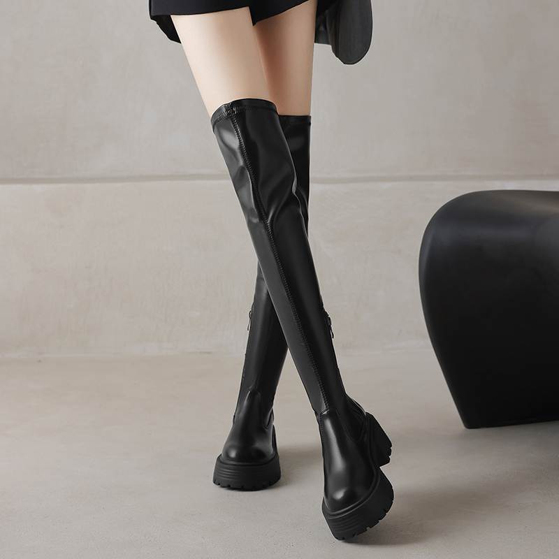 Krazing Pot Microfiber Autumn Winter Shoes Thick Bottom Flat Platform Size 43 Long Boots Zipper Over-the-knee Boots