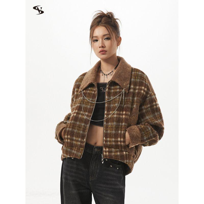 Vone Sheee American Retro Casual Loose Top Fleece-Lined Plaid Short Woolen Jacket for Women Early Autumn and Winter