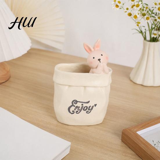 Retro Style Desk Decor Wrinkled Paper Bag Pen Holder with Animal Decor, Resin Soft Atmosphere Organizer & Succulents Planter, Cute Stationery Gift for