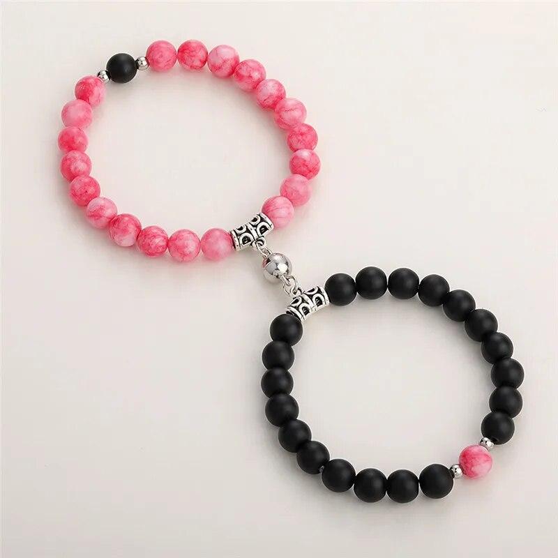 Trendy Couple 2Pcs/Set Natural Stone Beads Love Heart Magnetic Bracelet For Women Men Charm Peach Beaded Bracelets Jewelry Gifts