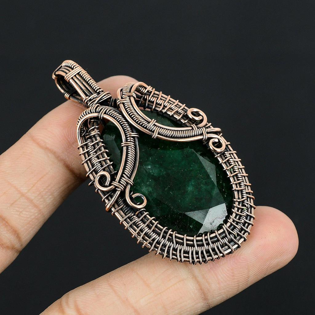 Emerald Pendant, 999 Copper Wire Wrapped Pendant Gemstone Jewelry, Handmade Pendant Amazing Jewelry, Gift For Her