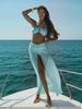 Damen Neckholder Bandeau Bikini Oberteil & Geraffter Transparenter Maxi Rock mit Hohem Schlitz 2-teiliges Badeanzug Cover-up Set K236