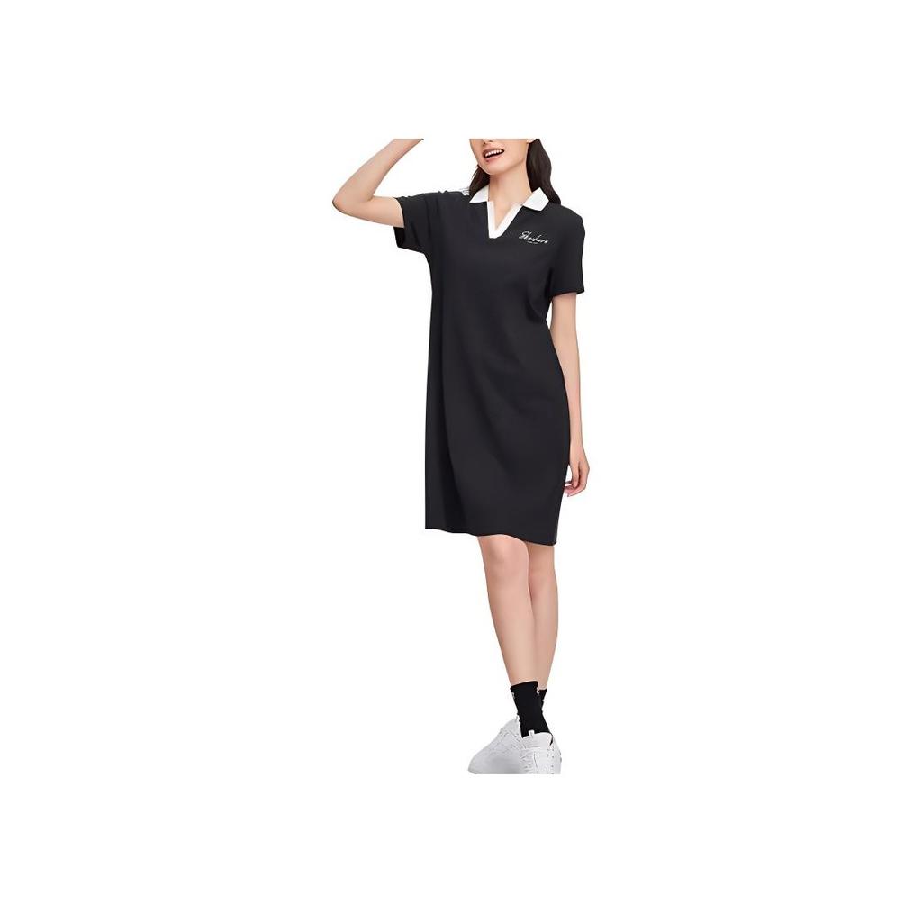 Skechers Fashion Simple Button Letter Polo Collar Short Sleeve Dress Women Dresses Carbon-Black L224W094-0018