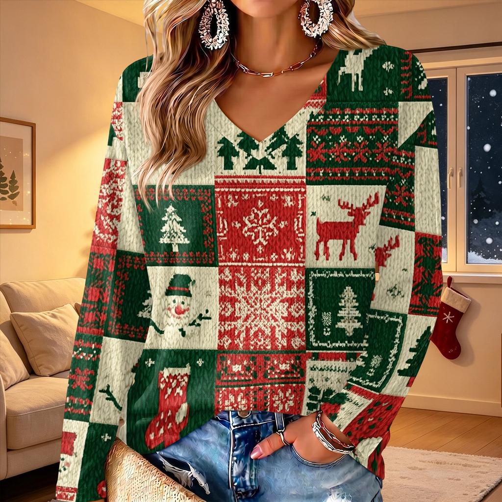 Women's V-Neck Long Sleeve Christmas Print Lightweight Blouse for Spring and Summer