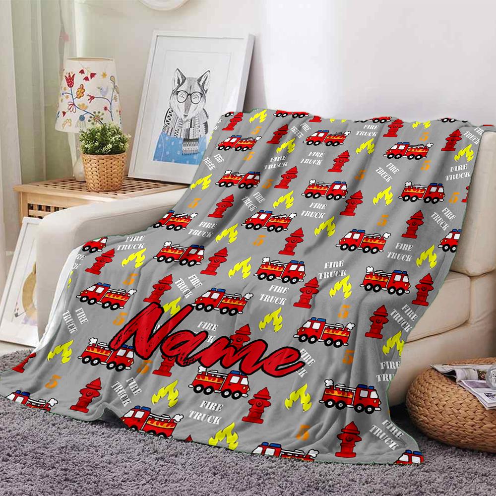 Custom Name fire truck Theme Printed Blanket - Perfect for Couch, Bed, Travel & Outdoor Use | Machine Washable, Cozy & Durable.