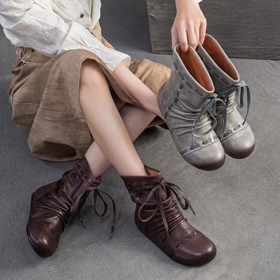 Genuine Leather Pleated Round Toe Short Boots Retro Soft Soled Versatile Women's Shoes