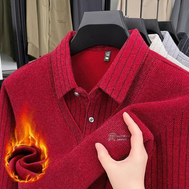 Men's Long Sleeve Polo Shirts Tees & Tops with Fleece Warm Winter Bottom Wear Casual Business T-shirts Hot Sale Autumn Clothing