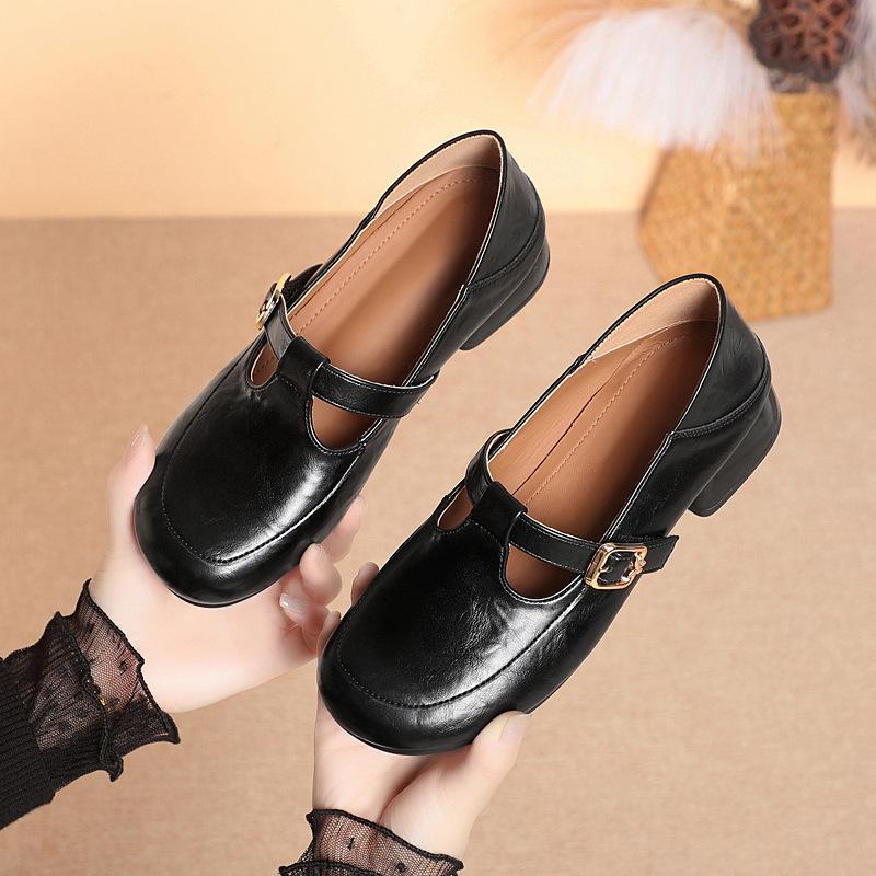 3cm All Match T Buckle Shallow Soft Leather Shoes Mary Janes Fall 2025 Women's Square Heels Shoes for Office Mom Work Daily