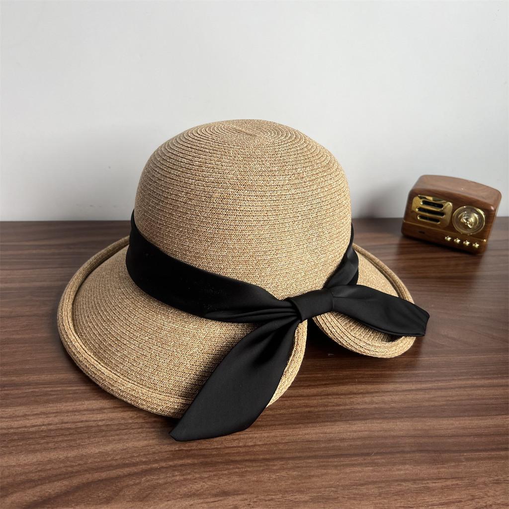 

French Elegant Wide Brim Straw Hat With Slit For Beach And Sun Protection чёрный