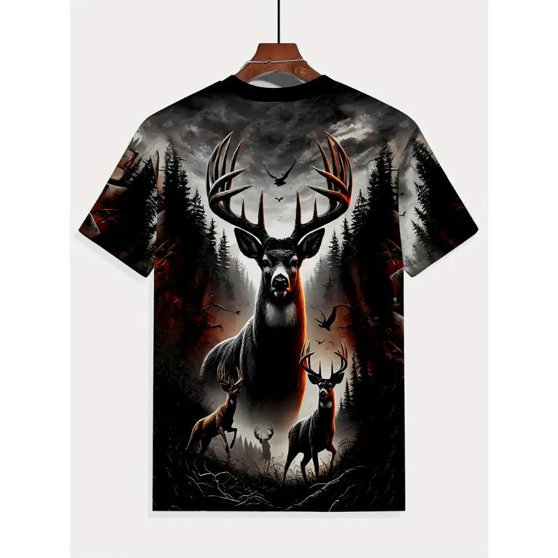 Men's Deer Print T-shirt Sports Short Sleeved Crew Neck T-shirt for Summer Outdoor Fitness Workout Men's Clothing