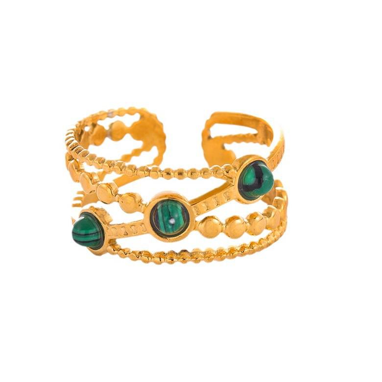 18K Gold Plated European Retro Stainless Steel Turquoise Ring - Vintage Exaggerated Women's Personality Jewelry