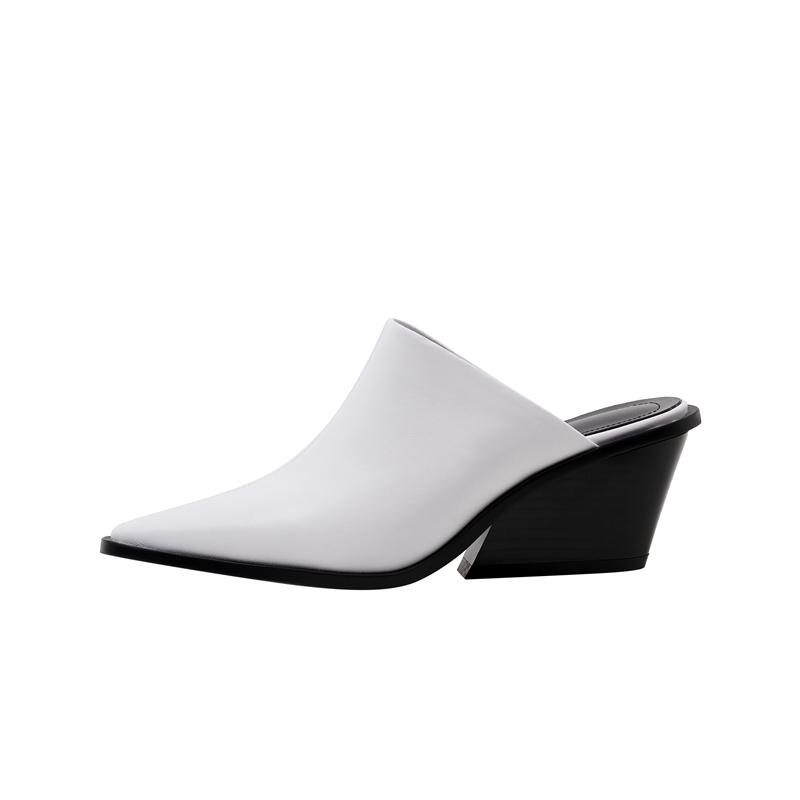 Kaky's New Cow Pasted Leather Pointed Wedge Heels High Heels Women's Shoes Large Slippers Wrapped Half Slippers Sheepskin Footpa
