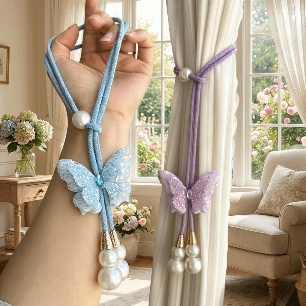 2PCS Creative Pearl Curtain Buckle Artificial Pearl Curtain Rope Curtain Binding  Home Decor