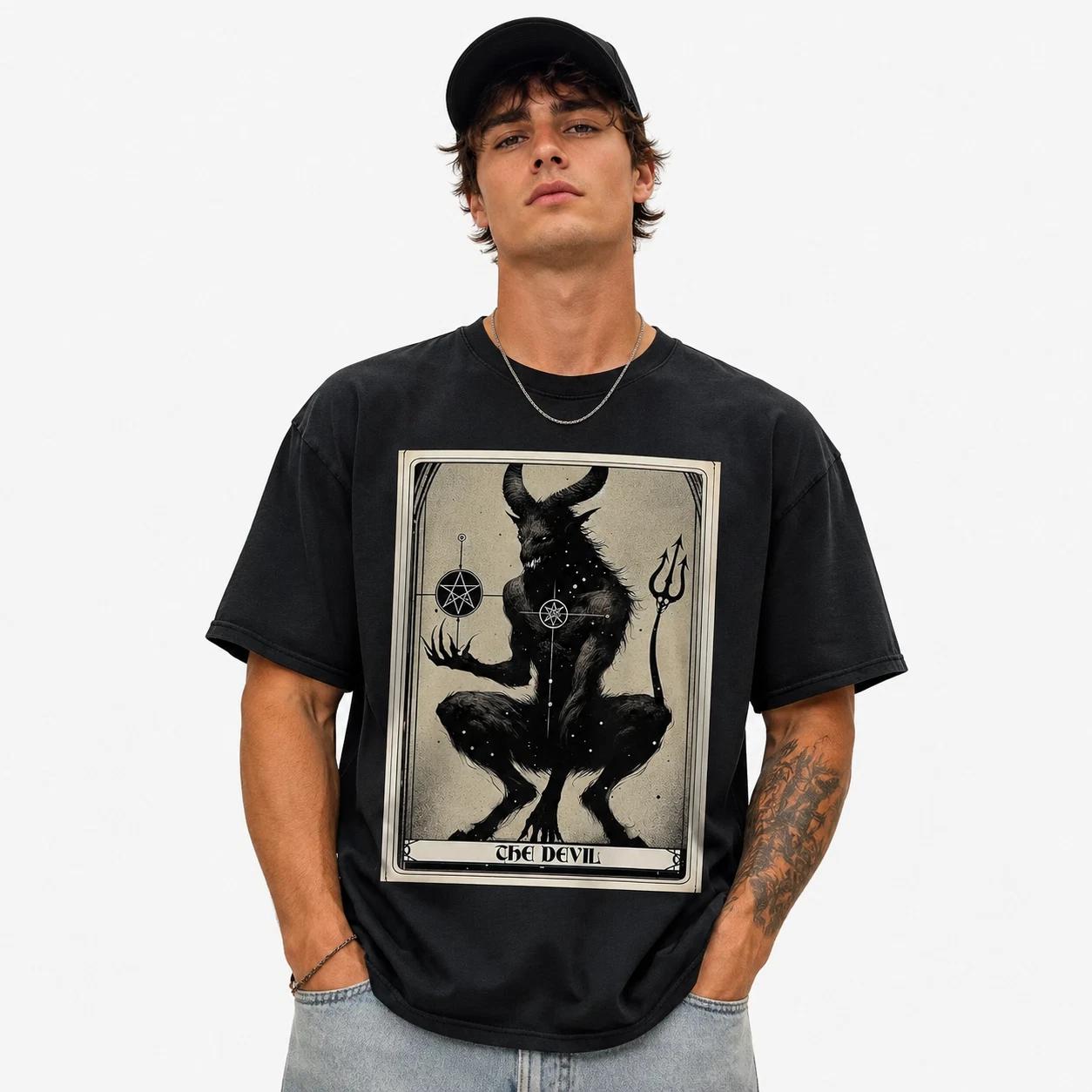 The Devil Tarot Card Graphic T-Shirt Gothic Occult Mystic Retro Tee S