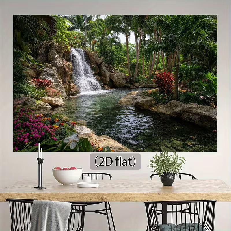 2D Tropical Nature Backdrop, Waterfall Palm Tree Pool Background for Home Decoration
