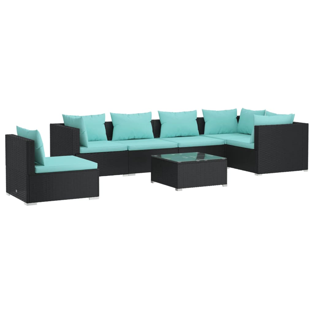 Vidaxl 7-Cz. Garden Lounge Set, Cushions, Black PE Rattan