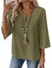 Women's V Notch 3/4 Flare Sleeve Blouse Boho Lace Embroidery Linen Casual Shirt