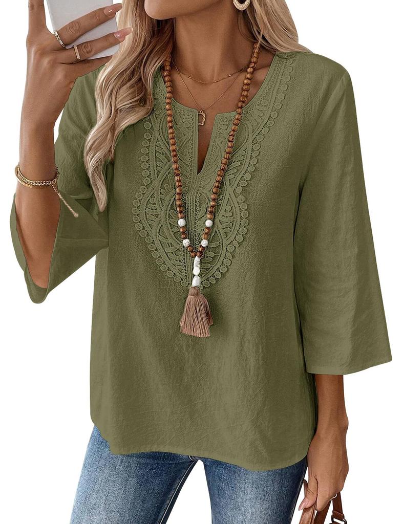 Women's V Notch 3/4 Flare Sleeve Blouse Boho Lace Embroidery Linen Casual Shirt