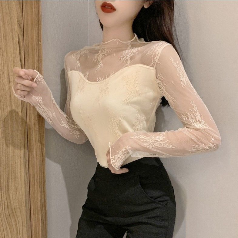 Autumn and Winter New Velvet Lace Shirt Women's Long-sleeved Turtleneck Slim-fitting and Thin Inner Bottoming Shirt Foreign-style Top