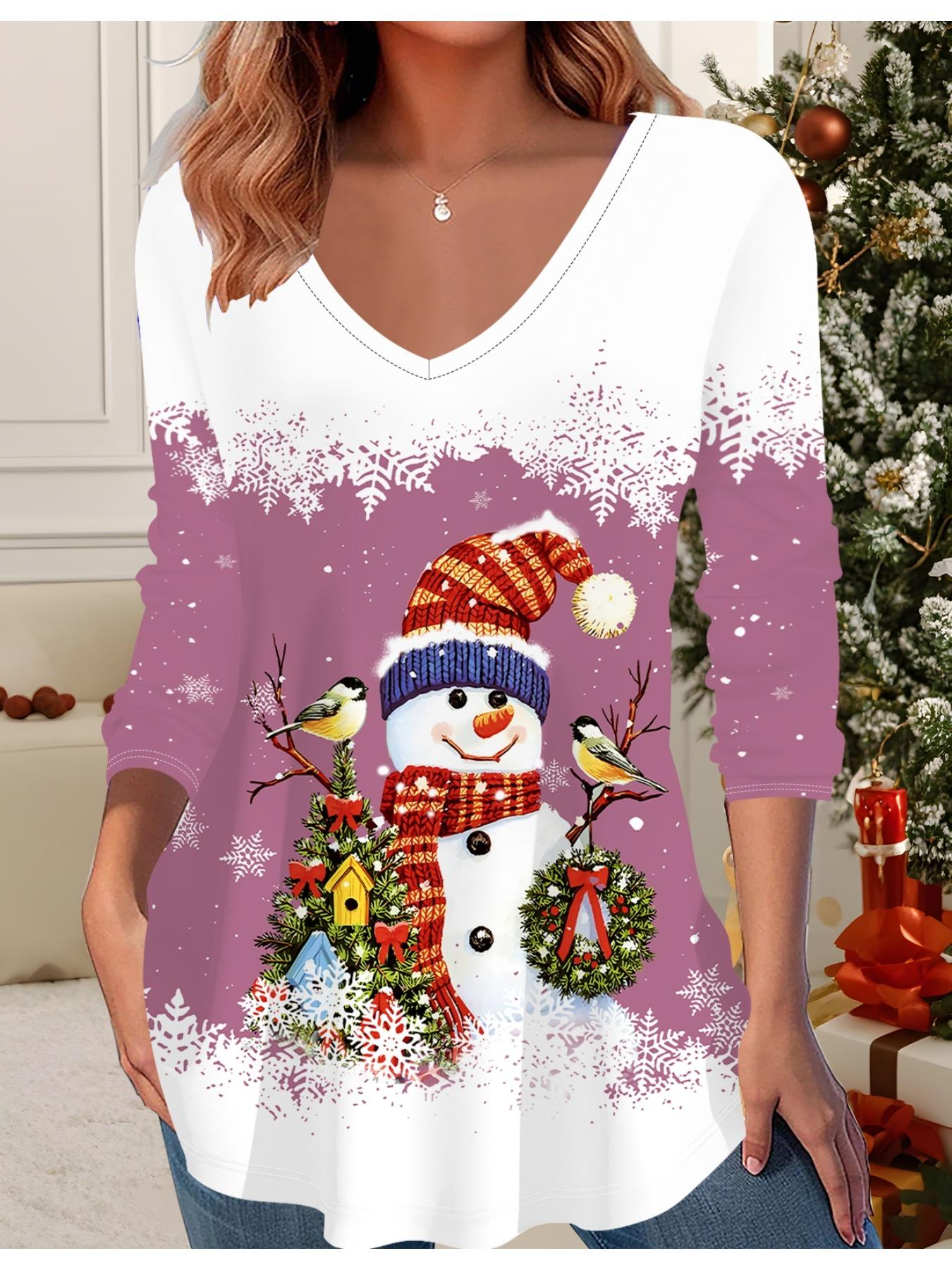 

3D Christmas Snowman Printed Fashion Casual Women s V-Neck Long Sleeve T-Shirt - New Year Party Clothing Holiday Gift 6XL