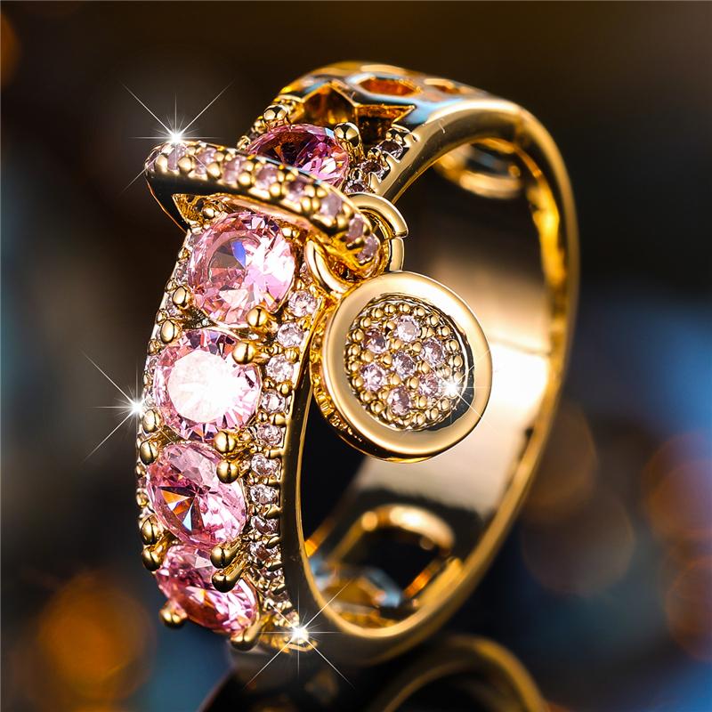 Luxury Female Pink Round Zircon Stone Engagement Ring Yellow Gold Color Wedding Jewelry For Women