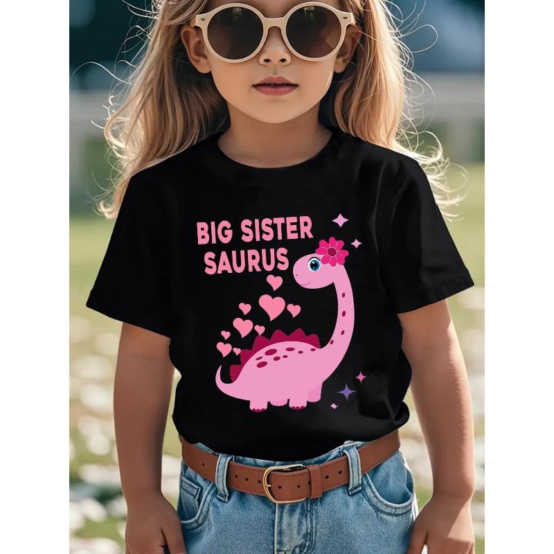 European Sizes Summer Fashion Girls' Short Sleeve T-Shirt BIG SISTER SAURUS Pink Dinosaur with Flowers and Heart Letter Cartoon Print Casual Top