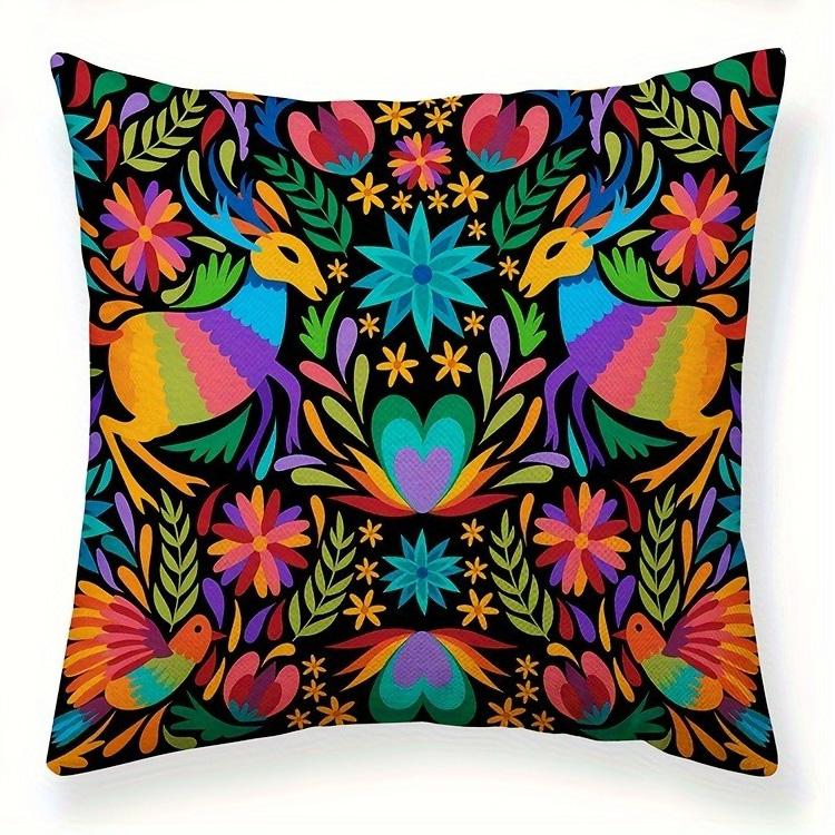 

Vintage Mexican Throw Pillow Cover, Geometric Floral Pattern, Machine Washable with Zipper, Home Party Decor Cushion Cover 16x16Inch