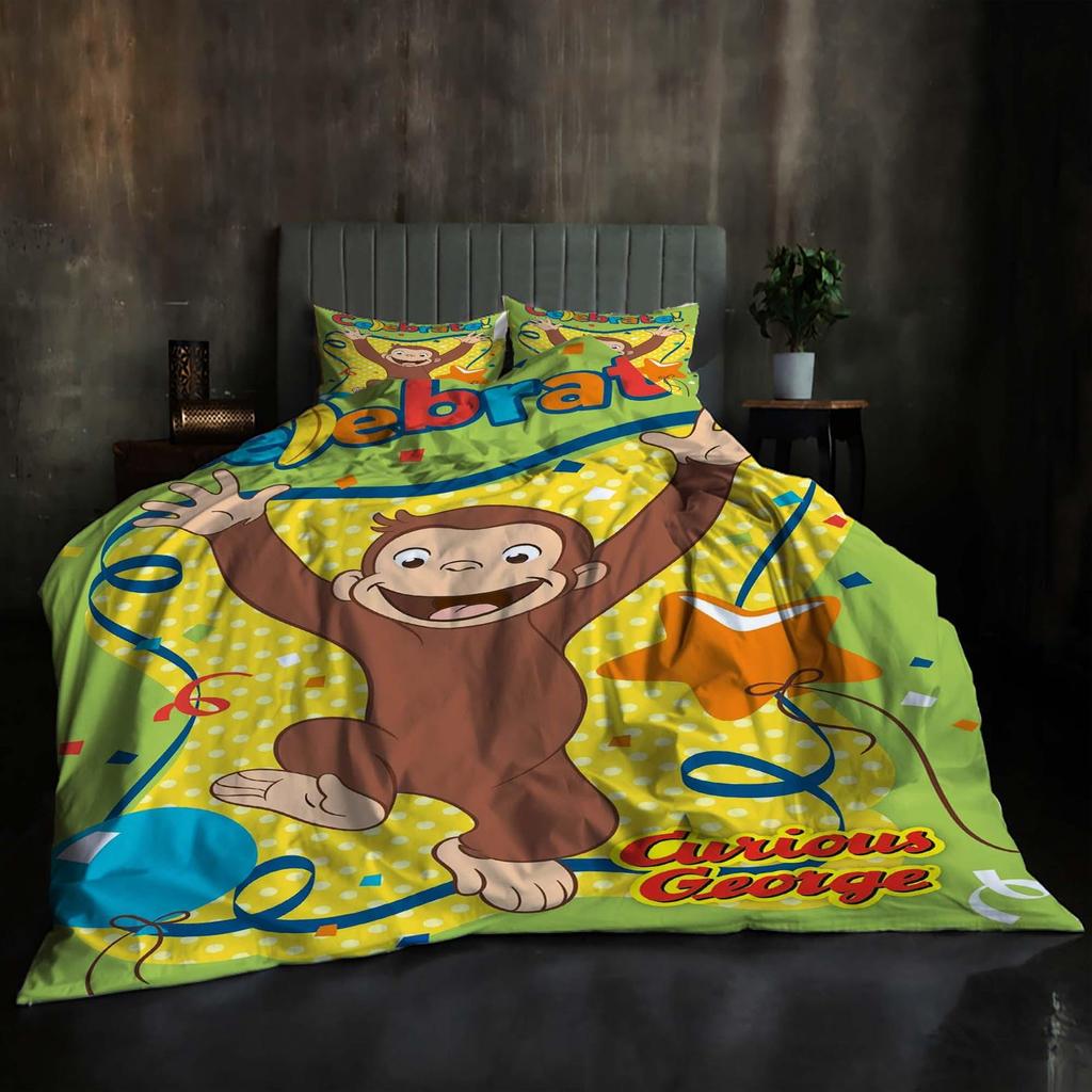 Festive Christmas Gift Curious George Quilt Cover Set, Twin Size 3-Piece, Duvet Cover, Lightweight Bedding for Holiday Gifting Birthday.