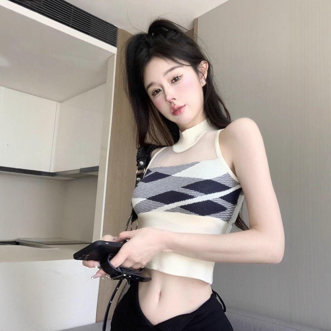 

Топ женский летний вязаный с вырезами, сетчатый, в ромбы аргайл, облегающий, на бретелях L абрикосовый