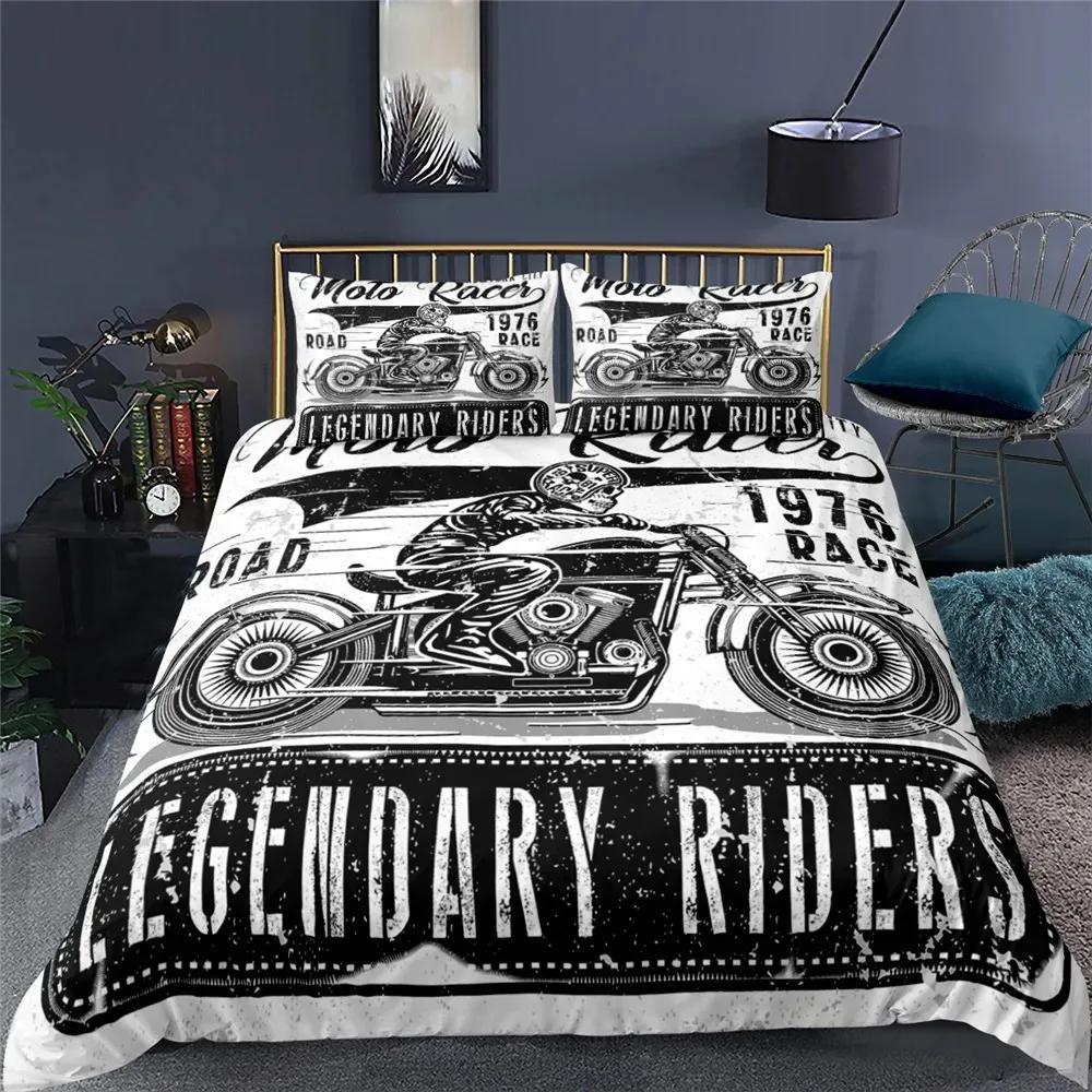 3D Motorrad Schädel Bettbezug Set Full Queen King Size Polyester Bettwäsche Set Doppel Einzel Bettdeckenbezug Set Für Erwachsene Jugendliche