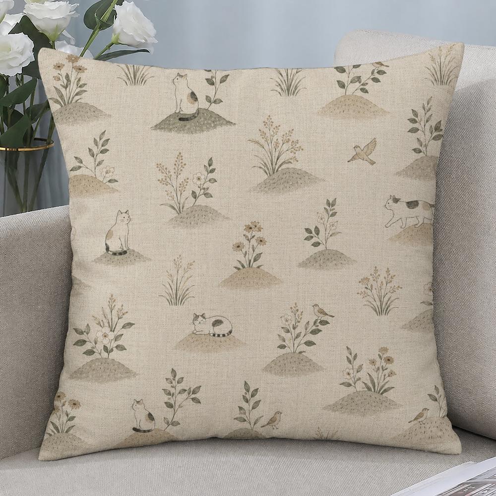 Style Japanese Natural Handdrawn Cushion Cover Cushion Covers Natural Linen Breathable Sofa Bedroom Decor Pillowcase