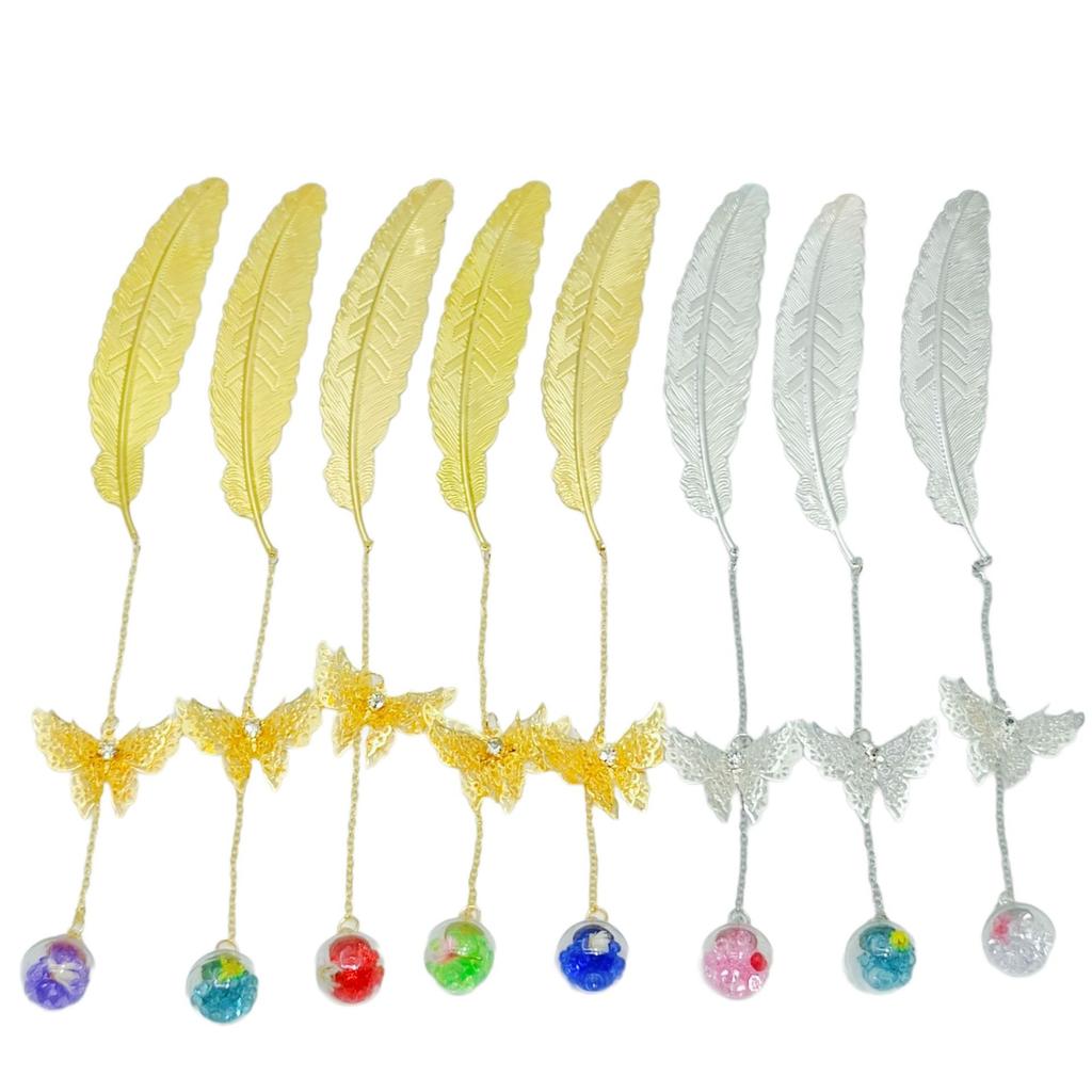 Chinese Style Dried Flower Bookmark with Feather, Metal Butterfly & Tassel - Ideal Teacher's Day Gift