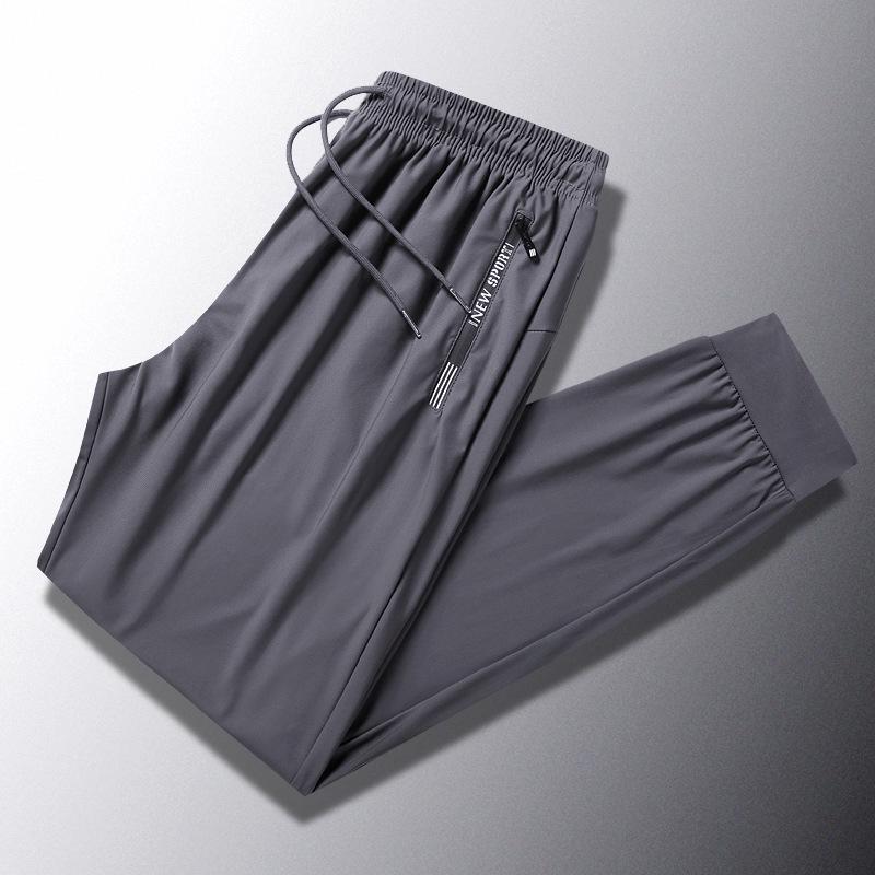 Men's High-End Elastic Ice Silk Sports Pants - Summer Breathable, Quick-Drying, Loose Straight Leg, Plus Size, Long Running Pants