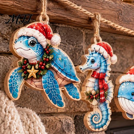 Holiday Party Decorations for Home Christmas Wooden Sea Animal Pendants, 2D Flat Ocean Themed Cartoon Figures, Decorative Cute Life Ornaments
