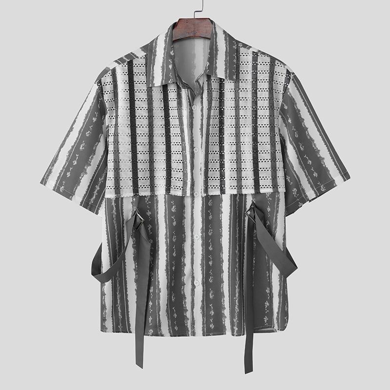 

INCERUN Мужские рубашки с лацканами, короткими рукавами, пэчворком, полосатым принтом, кружевом, повседневные, оверсайз 5XL серый