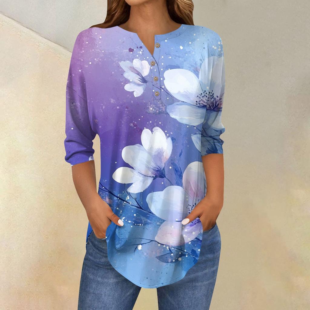 Damska Moda Luźny Kołnierzyk na Guziki Nadruk Rękaw 3/43/4 T-Shirt Top Pulower