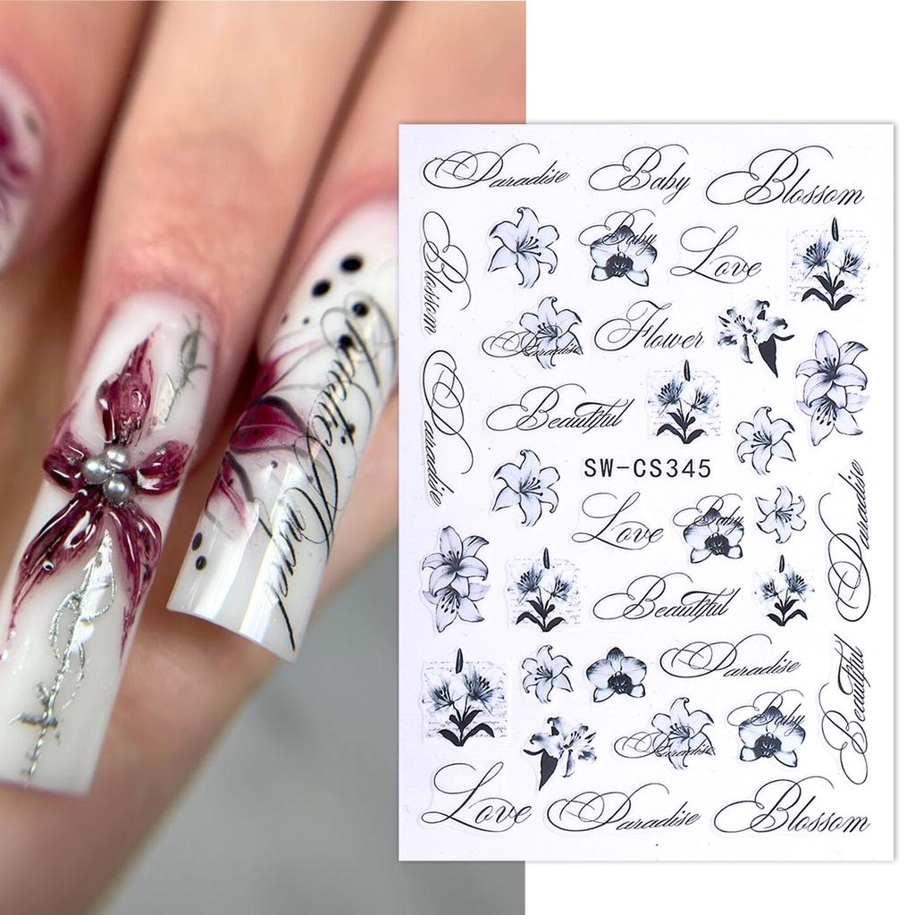 3Pcs Floral Nail Stickers Pink Black Lily Flower Vintage English Letter Nail Art Decals