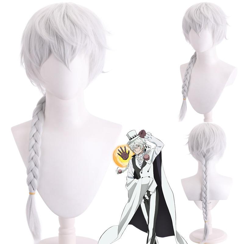 Cosplay-Perücken, 85 cm, Nikolai Gogol Cosplay-Perücke, Anime Bungo Stray Dogs 4, Nikolai Gogol-Perücke, hellcyanfarbenes Geflecht, hitzebeständige Haarperücken