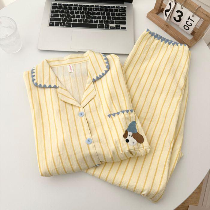 Yellow Plaid Shell-Edged Cloud Cotton Pajama Set for Women - Long Sleeve, Spring/Autumn Homewear with High-End Feel.