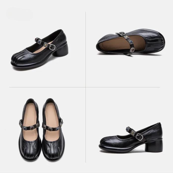 Johnature Lolita Genuine Leather Shoes Sweet Round Toe Thick Heel Wrinkled Women's Shoes