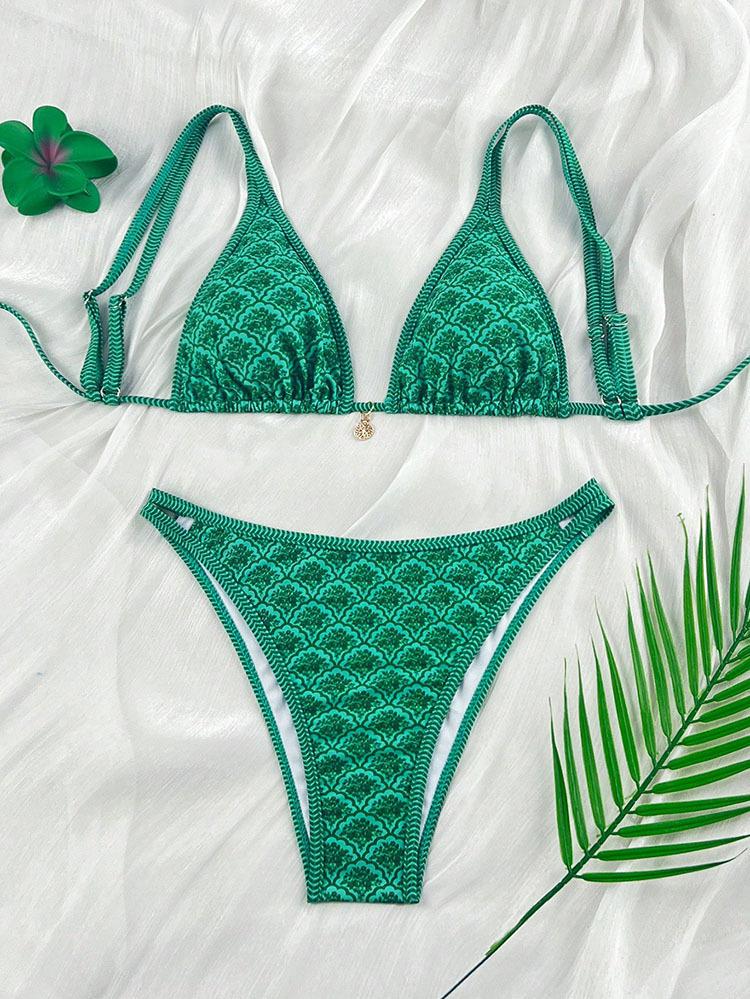 TS JYL-SW016 Printed Two-Piece Bikini, Stylish Slim Fit Swimwear For Vacation XS спаржевый