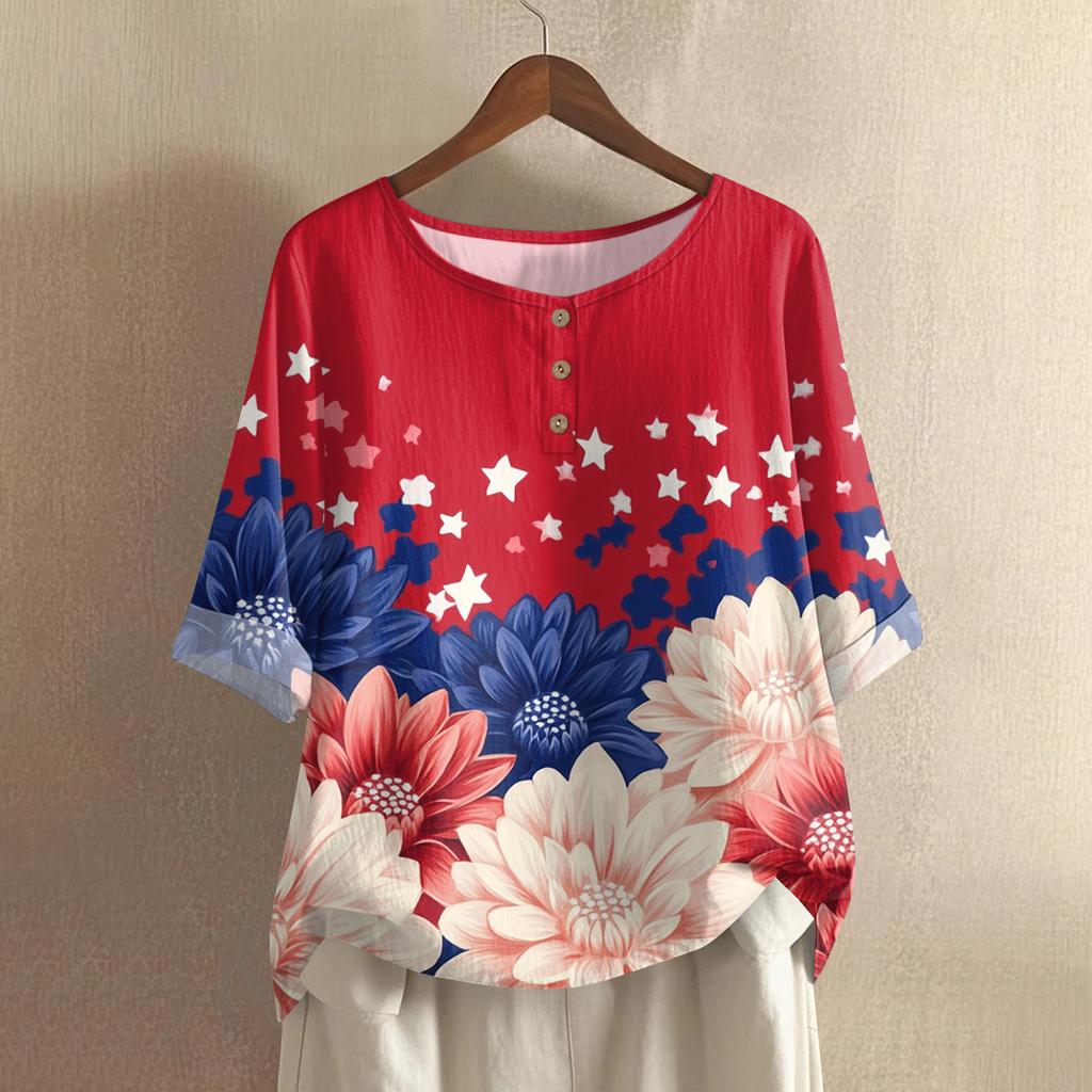 Women's Fashionable And Casual Shirt Half-sleeve Round Neck Print Cotton And Linen Blouse Top