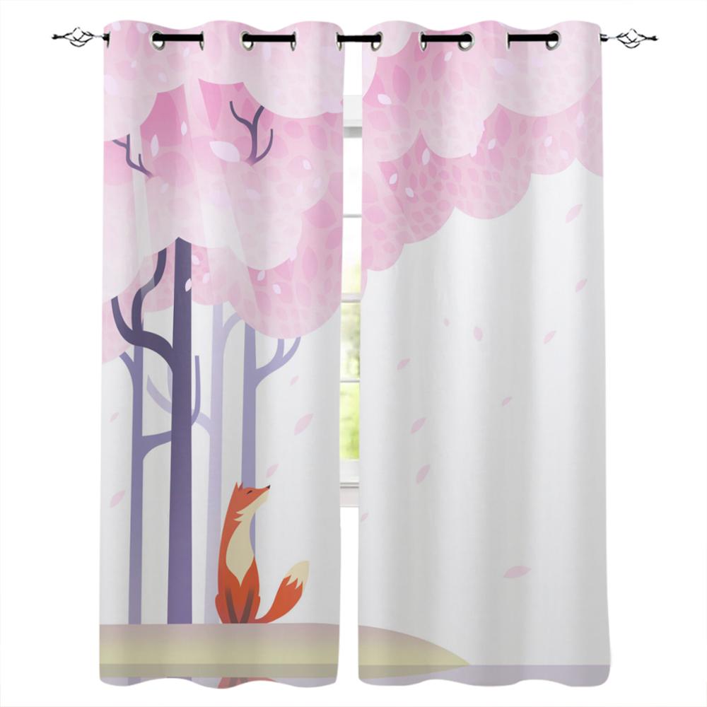 Illustration Cherry Blossom Fox Window Curtains Bedroom Kitchen Drapes Panel Curtains for Living Room Christmas Home Decor
