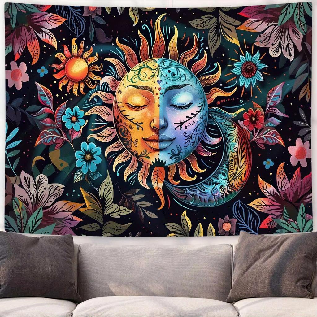 Celestial Sun and Moon Tapestry 1Piece Star  Floral Pattern Wall Hanging Decor for Living Room Bedroom Dorm Aesthetic