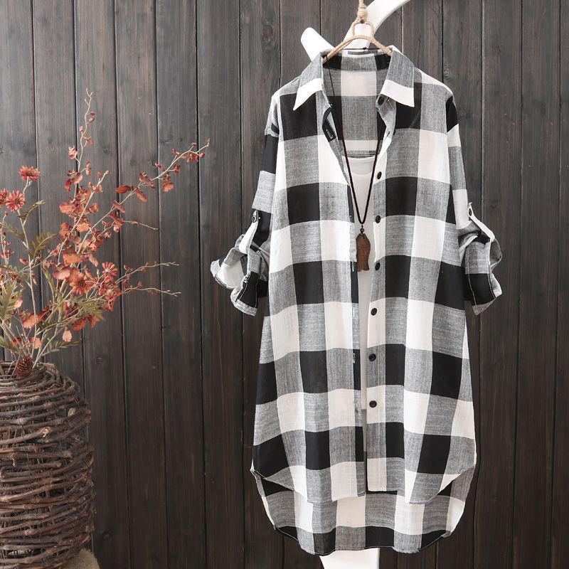 Damen Hemd mit Knöpfen Elegant Chic Damen Oberteil Kariert Vintage Leinen Langarm Chinesische Hemden Blusen Kleidung