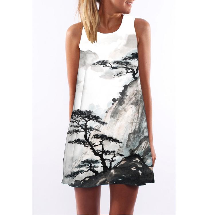 European Station European and American New Retro Digital Printing Round Neck Hot-selling Off-the-shoulder Medium and Long Vest Dress
